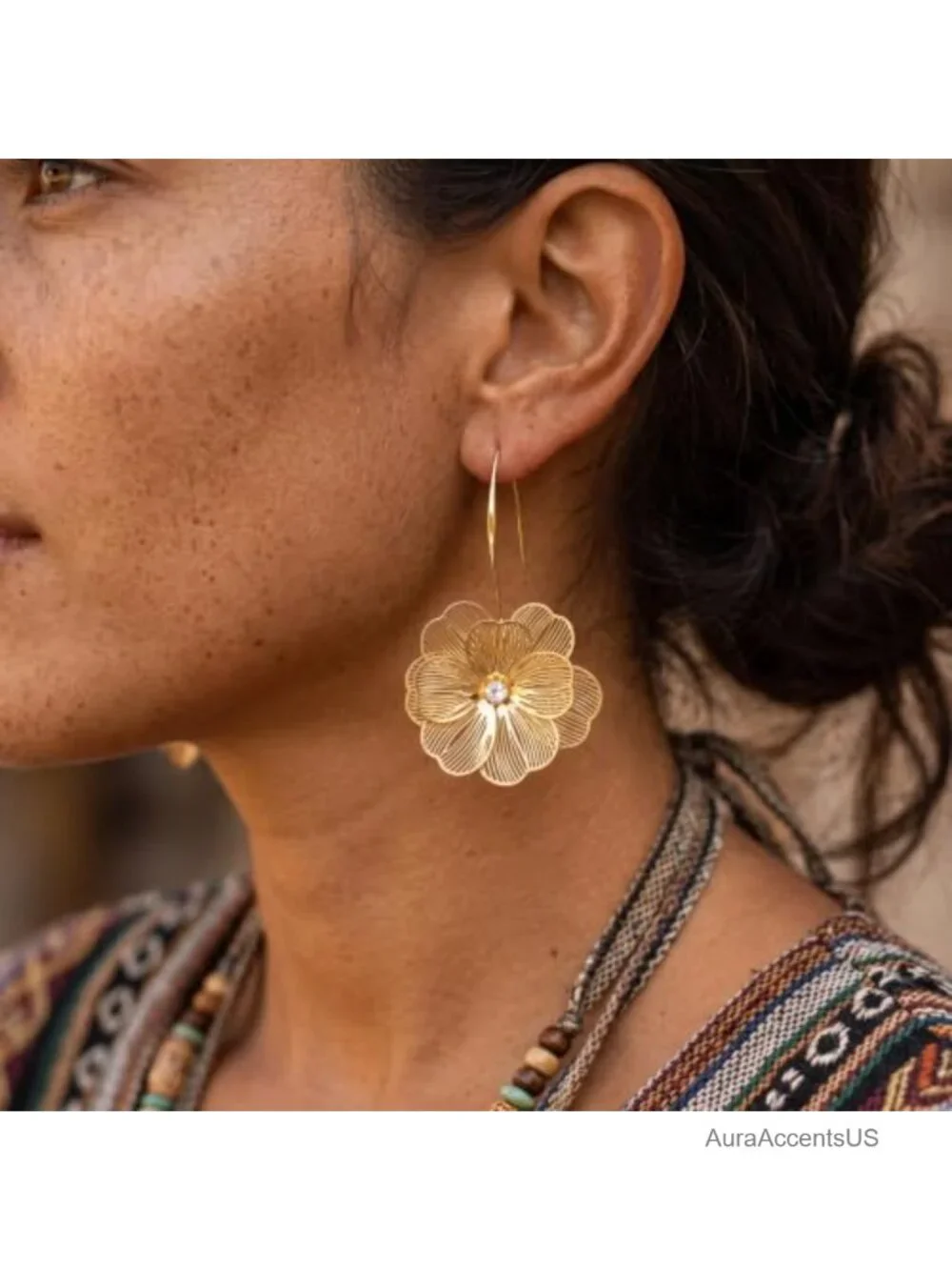 3D Floral Drop Earrings Lightweight Brass Dangle Statement Boho Jewelry